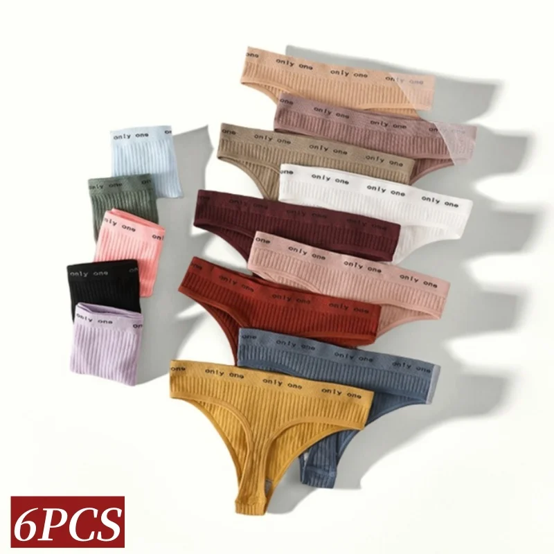 

6Pcs/Set Women Ribbed Thongs Striped Panties Female Low Waist G-String Sexy Bikini Underwear Solid Color Soft Intimates M-L