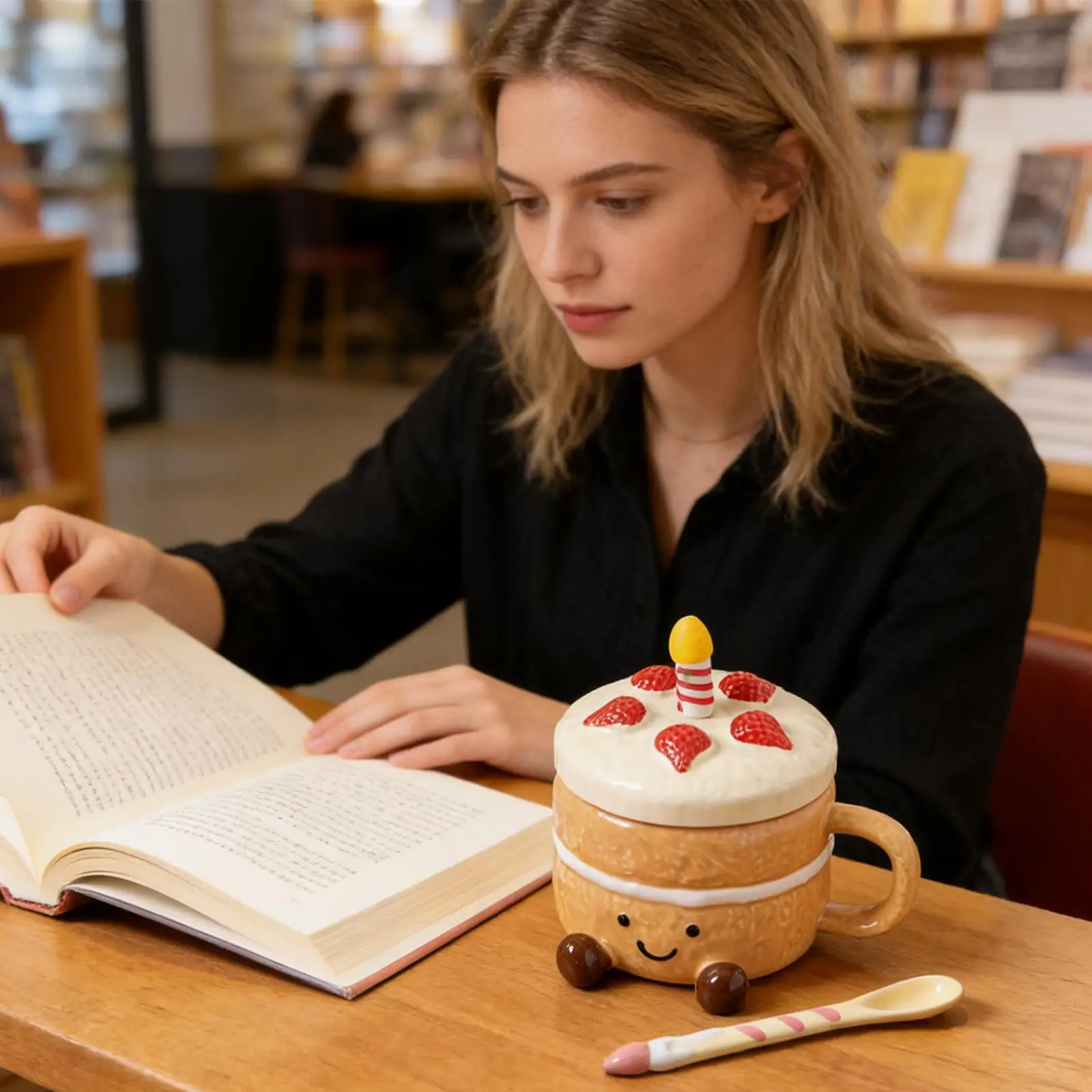 

Funny Mugs 400ml Ceramic With Lid Spoon Cake Shaped Aesthetic Mug Tea Cup For Women Christmas Birthday Valentines Day Home