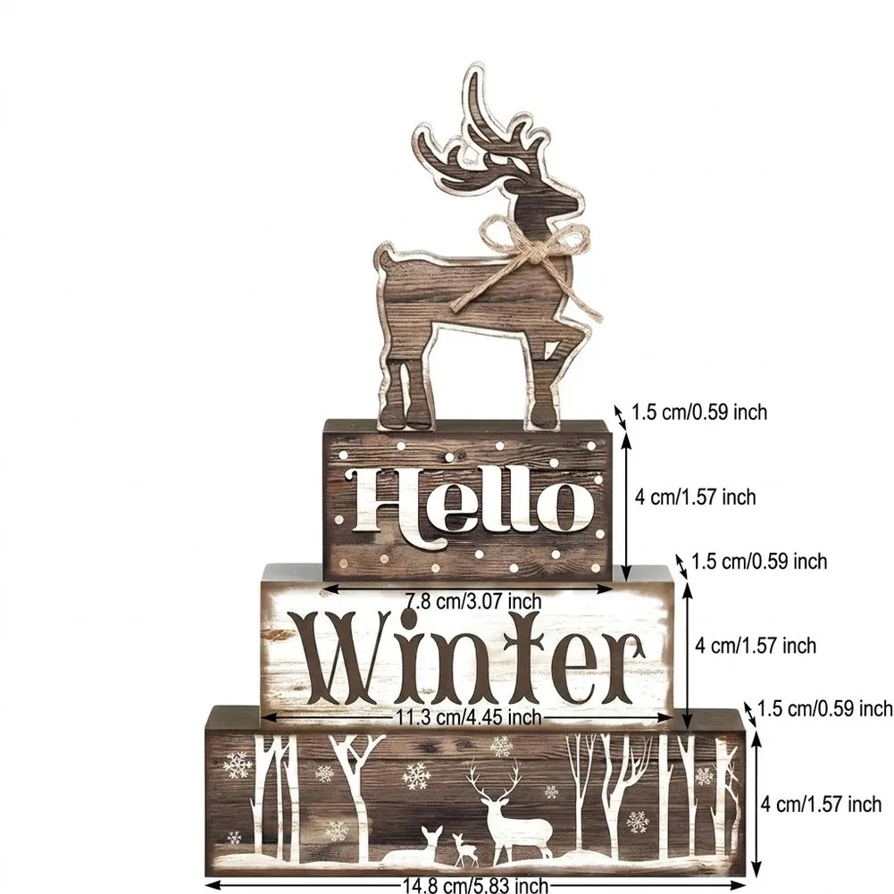 3-Layer Stacked Wood Block Decor Featuring Reindeer Snowflakes For Seasonal Holiday Display On Mantels Shelves And Entry Tables