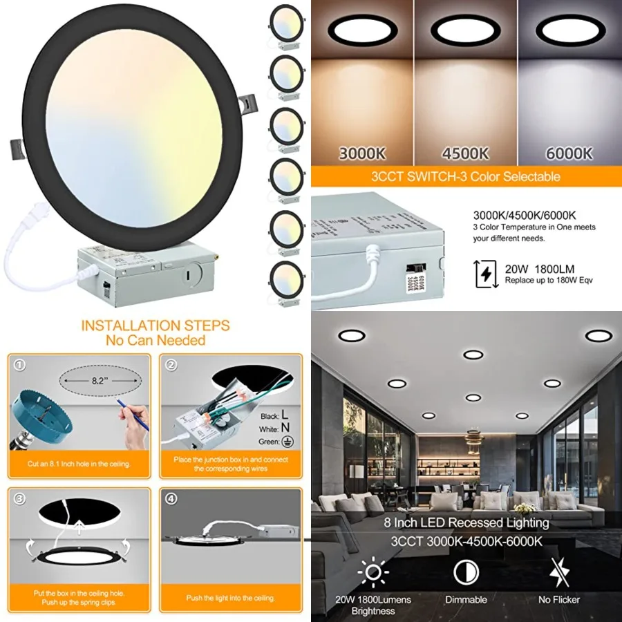 

6 Pack 8 Inch LED Recessed Lighting with Junction Box Ultra-Thin, 3000K/4500K/6000K Selectable, 8" Dimmable Canless LED Downlig
