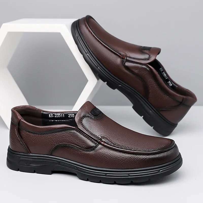Men's Minimalist Genuine Leather Slip-on Business Casual Shoes, Anti-slip Soft Sole for Commute, Driving, Father Shoes-HX23511