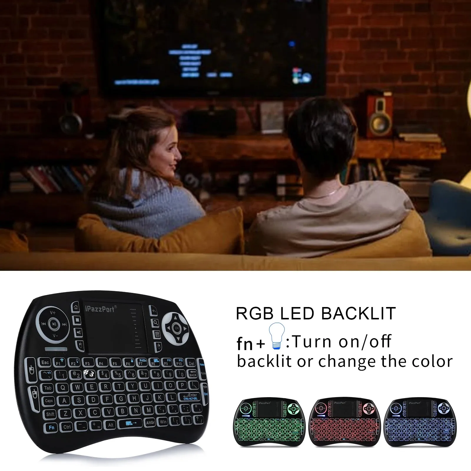 Mini teclado Bluetooth atualizado iPazzPort com touchpad, retroiluminado e recarregável, mod duplo 2.4G para Fire TV/Android/PC/Raspberry Pi