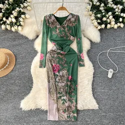 Elegant Long Sleeves Vintage Criss-Cross V-neck Chic Print Slim Pencil Dresses French Evening High Street Autumn Women Clothing