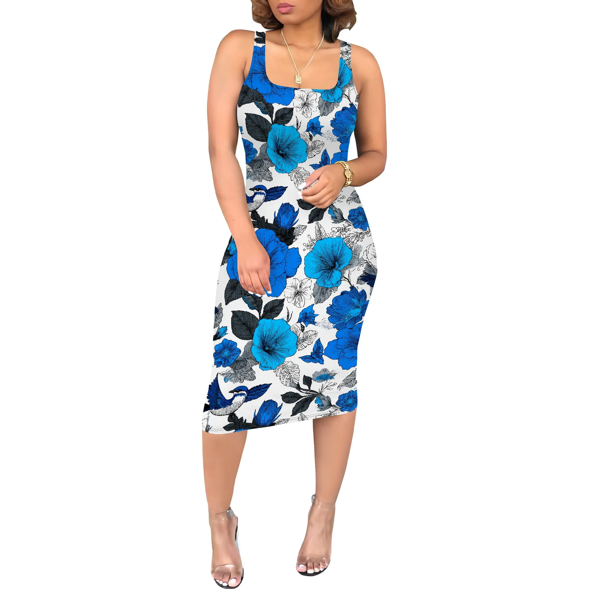 Casual Dresses for Women 2025 Summer Spaghetti Strap V Neck Backless Floral Dress A-Line Beach Holiday Vacation Midi Dress