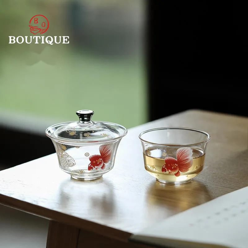 

Red Fish Gaiwan Glass Tea Bowl Chawan Heat-Resistant Handmade Kung Fu Set Tea Cup Tool Cups Chinese Supplies Drinking Cover Puer