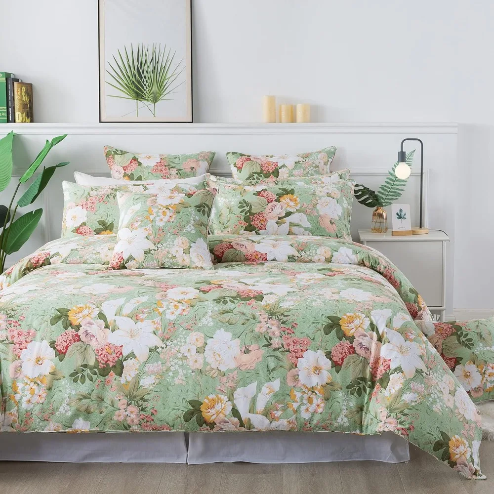 

Queen Size Cotton Floral Duvet Cover Set with Vintage Style, 600 Thread Count, Mint Green and White Lily Pattern for Elegant Wom