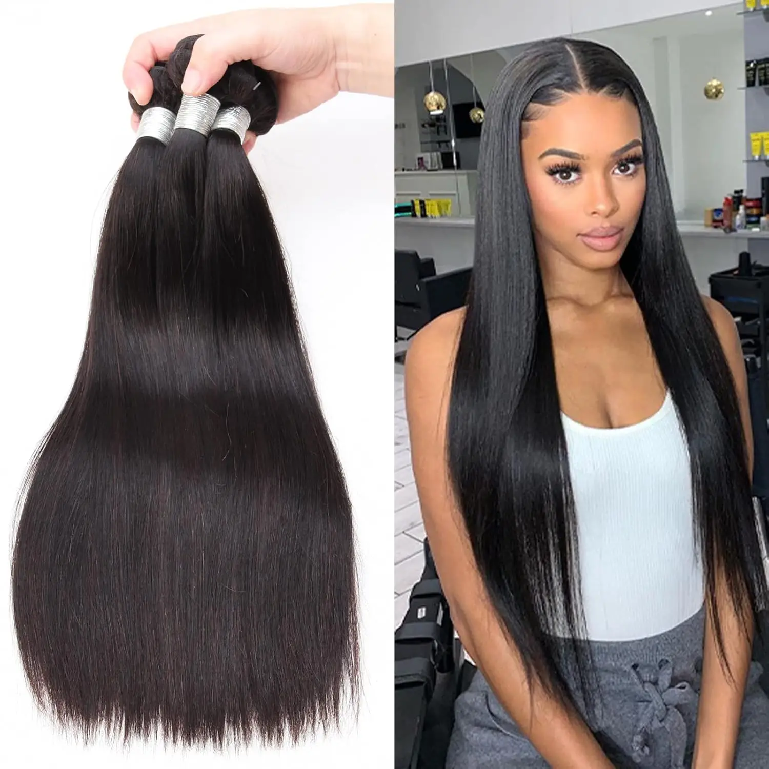 Brazilian Hair Weave Bundles Straight Human Hair Bundles Extension Natural/Jet Black Remy 1/3/4 Pc Hair Bundles 8-30 In