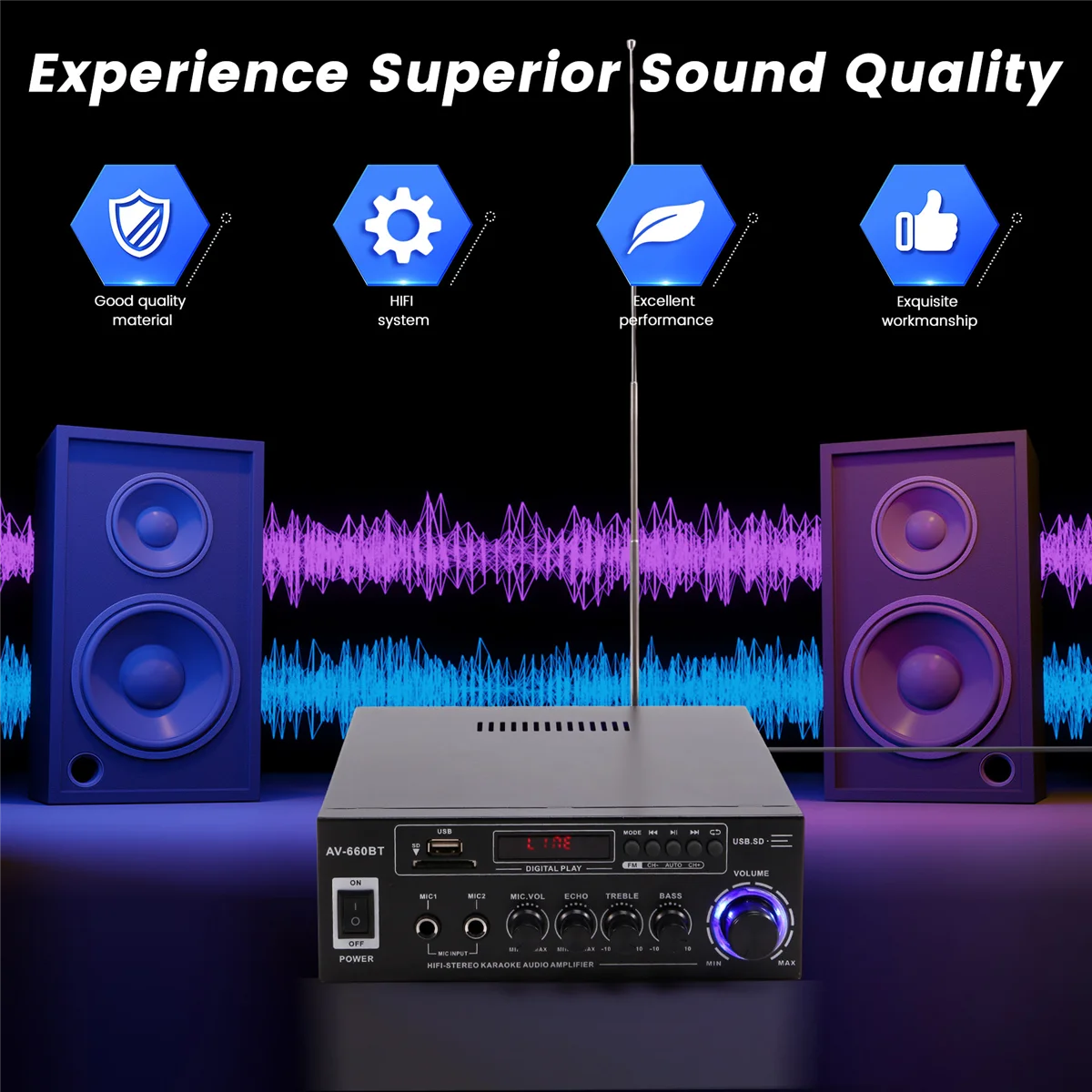 AV-660BT Bluetooth Sound Amplifier - Power Amplifier Support Bluetooth, FM Radio, USB, SD Card & Dual Mic Inputs US PLUG