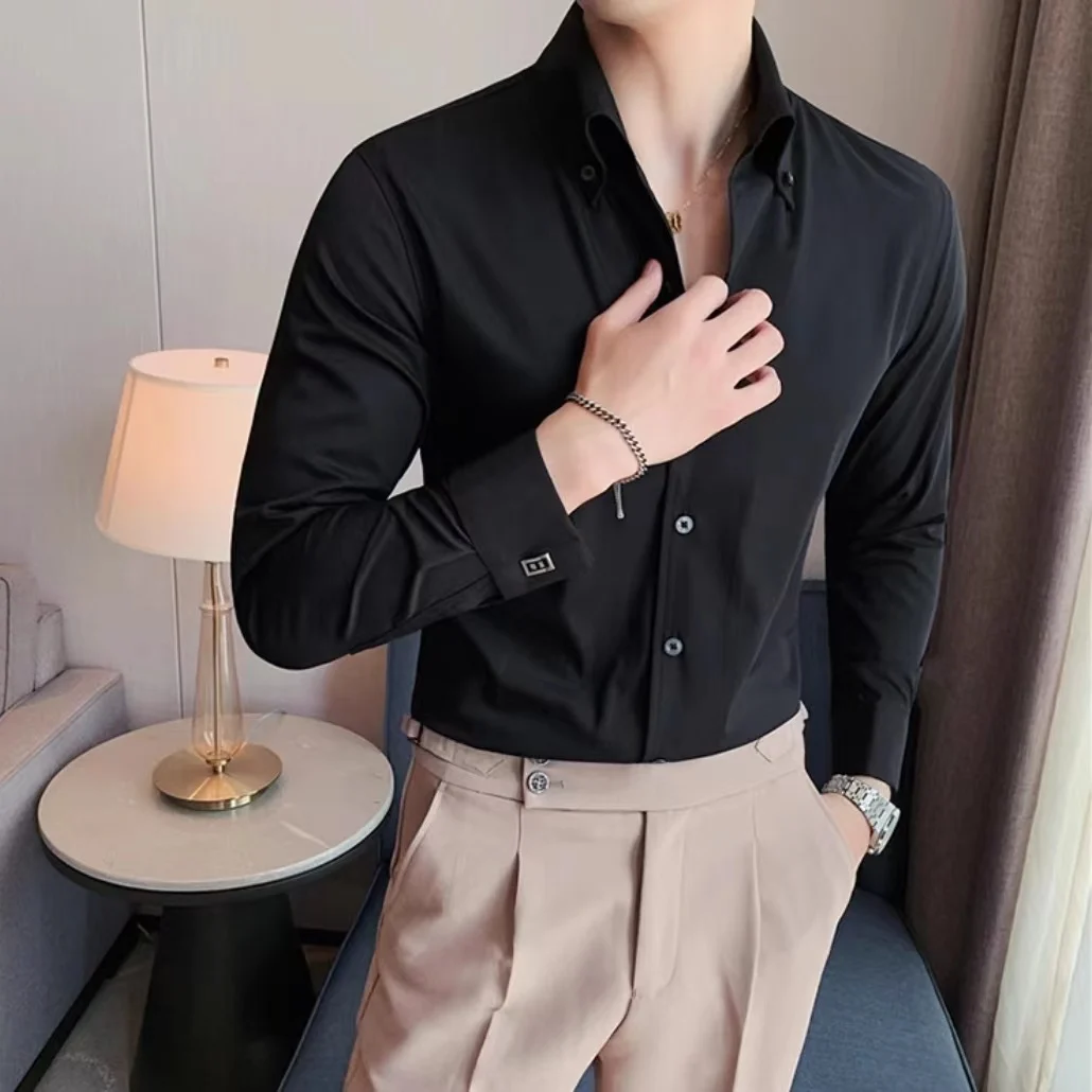 Spring New Men's High end French Cufflinks Long sleeved Shirt No Need for Ironing Wrinkle Resistant Fashion Mature Top