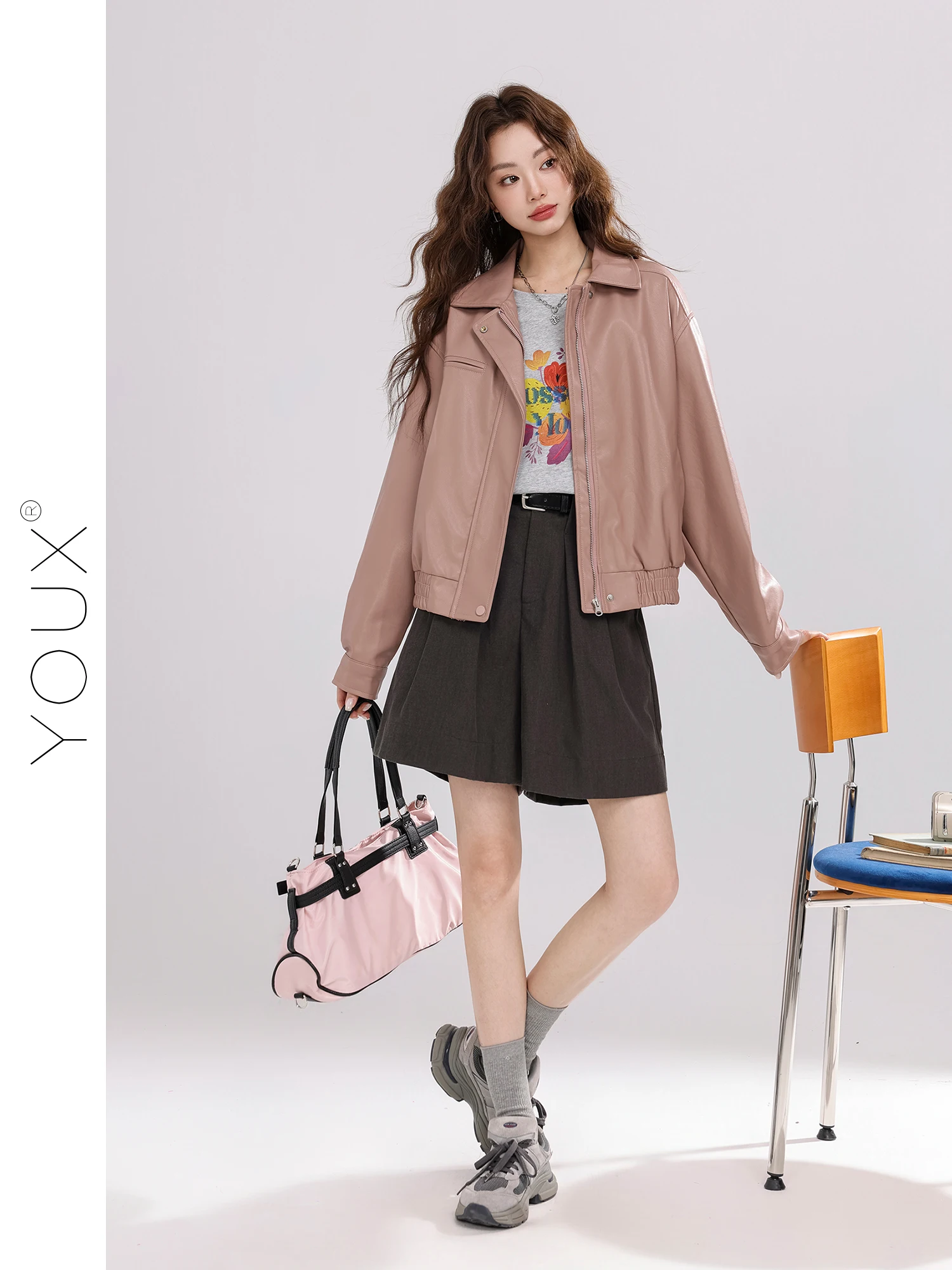 가을 신상 여성 루즈핏 폴로 칼라 가죽 재킷 레트로 아메리칸 다용도 탑 PU 가죽 긴팔 지퍼 코트