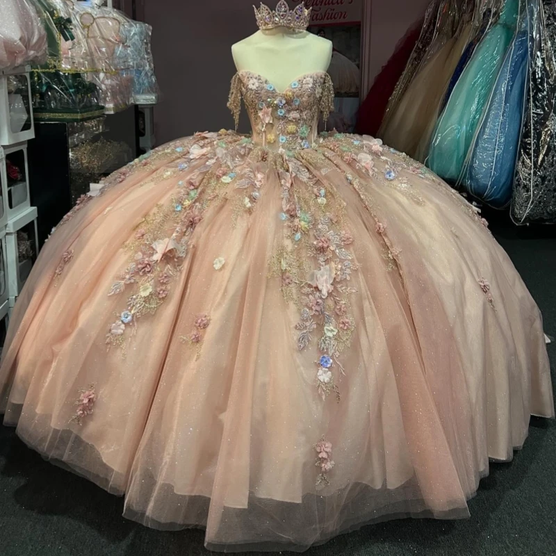 

Pink Shiny Ball Gown Quinceanera Dresses Off The Shoulder Applique Flower Beading Crystal Tull Party Birthday Sweet 16 Dress