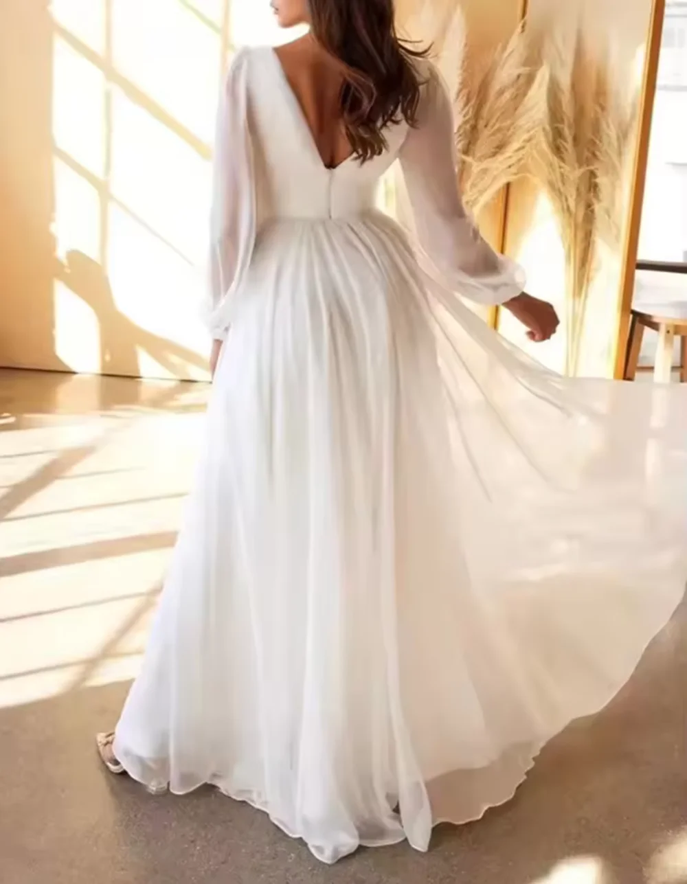 White Dresses Simple Wedding Dresses A-Line V Neck Long Sleeve Floor Length Chiffon Bridal Gowns With Ruched Customized Boho