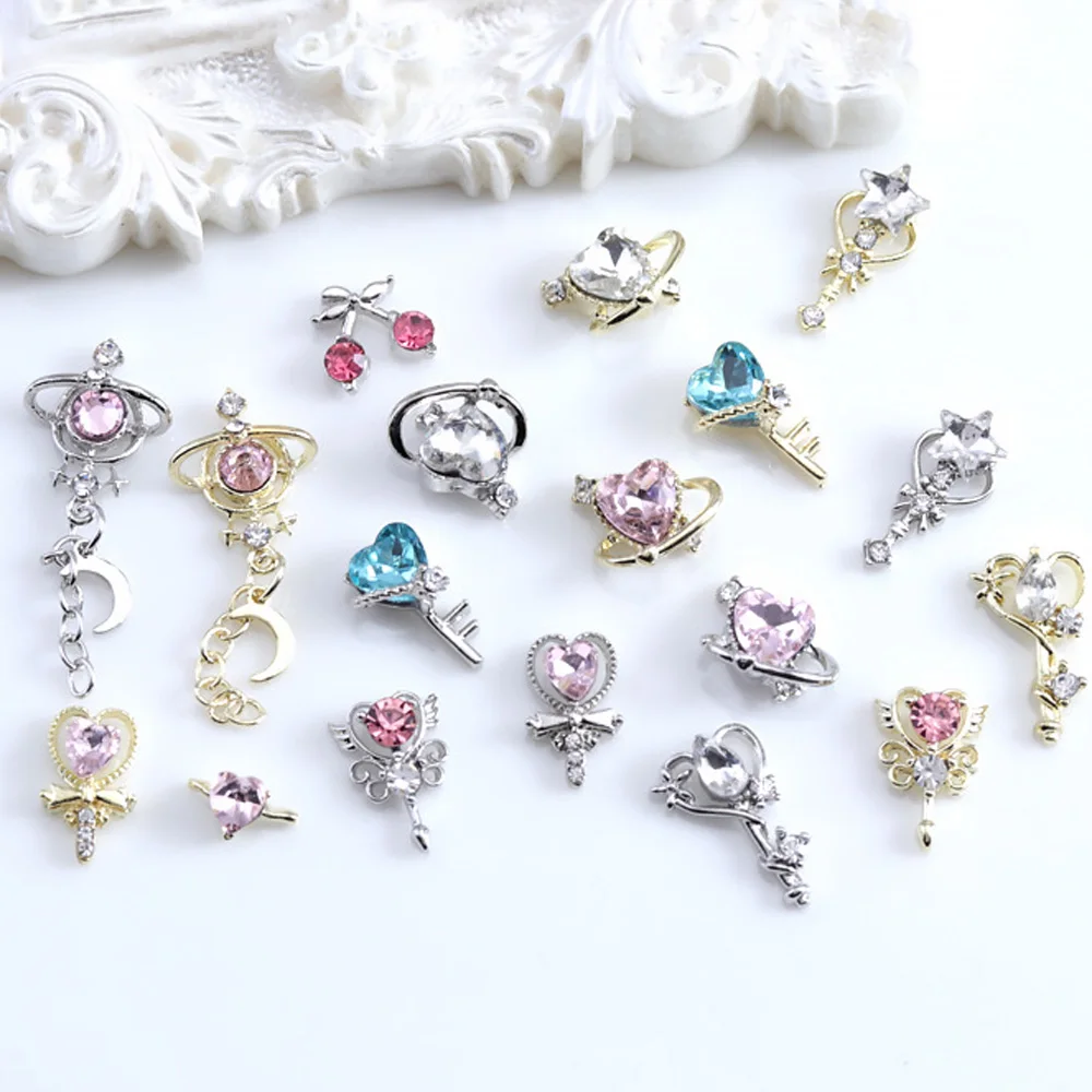 10Pcs Sailor Month Nail Art Charms 3D Alloy Magic Stick Heart Diamonds Pendant Nail Art Rhinestones Crystal Nail Accessories