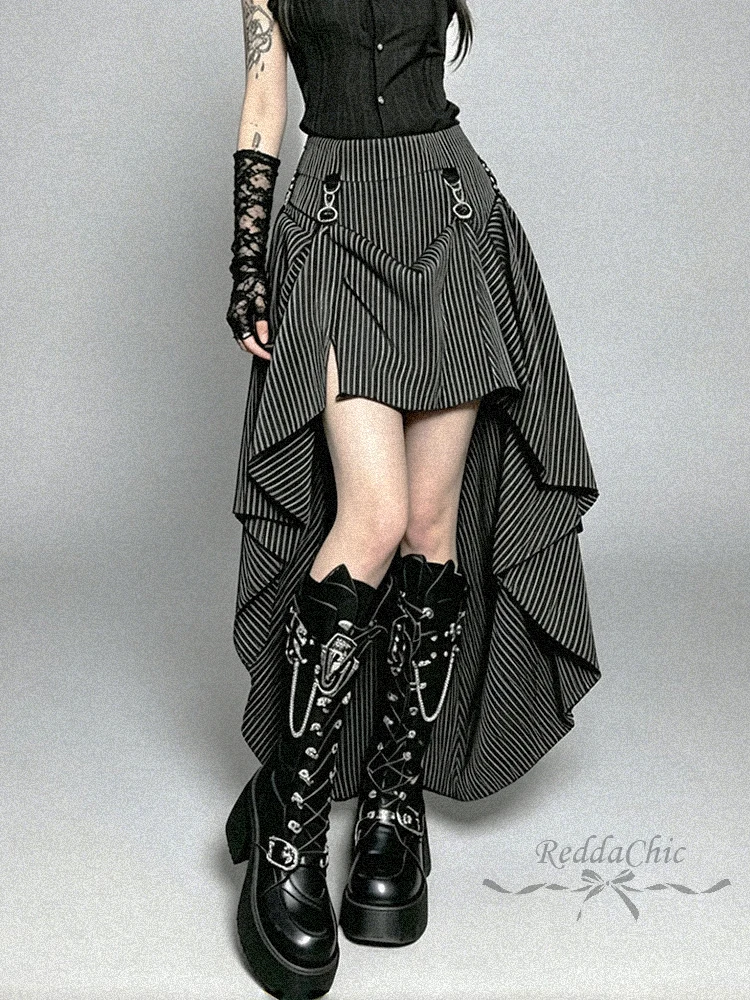 REDDACHiC Women High-Low Bustle Skirt Steampunk Renaissance Stripe Low Rise Maxi Pirate Skirt Victorian Gothic Summer Clothes