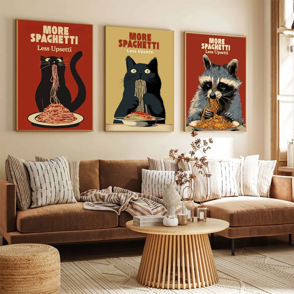 Hungry Little Bowl Bear More SPAGHETTI Less Upsetti Canvas Printing Poster Kitchen Wall Decoration Mural Birthday Gift Unframed