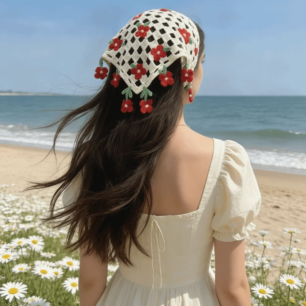 Elegant Floral Knitted Flower Headband French Pastoral Triangle Turban Bohemian Countryside Style Crochet Flower Bandana Summer