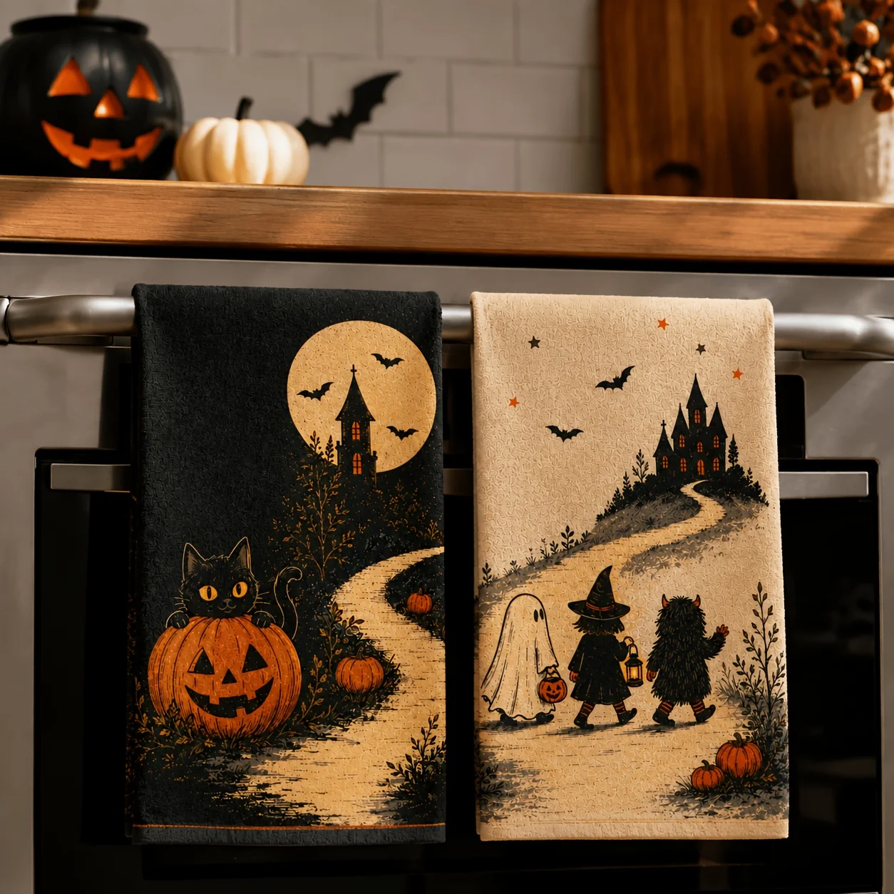 2-PS, Halloween Ghost Witch Black Cat Pumpkin Dish Towel, Black Grey, Kitchen Towel, Tea Towel, Fun Pattern Design