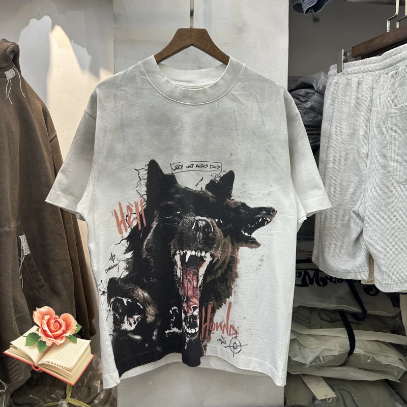 

Летняя американская модная собачья голова в стиле ретро, мытая старая прямая футболка с принтом спрея для мужчин и женщин, свободная футболка с короткими рукавами