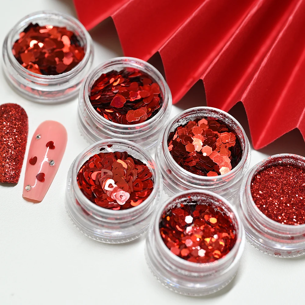 6Jar/set Heart Nail Sequin Red Nail Glitter Powder 3D Shiny Flakes Holographic Sequins For Valentine's Day Nails Art Decorations