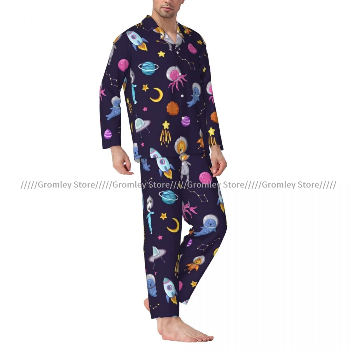 Men's Pajamas Suit Lapel Long Sleeve Sleepwear Animal Astronauts Flying Space Male Home Clothes