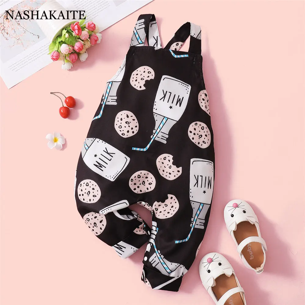 Summer Baby Clothes For Newborn Boy Jumpsuit Overalls Cartoon Cute Western-style Baby Bottle Biscuit Print Strap Baby Romper