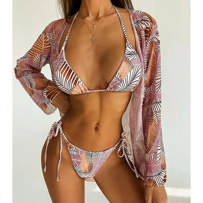 Sexy Bikini Push Up Damen Badeanzug Split Triangle Lace Up Micro Bikini Mesh Cover Up Strandurlaub Dreiteiliges Bikini Set 2025