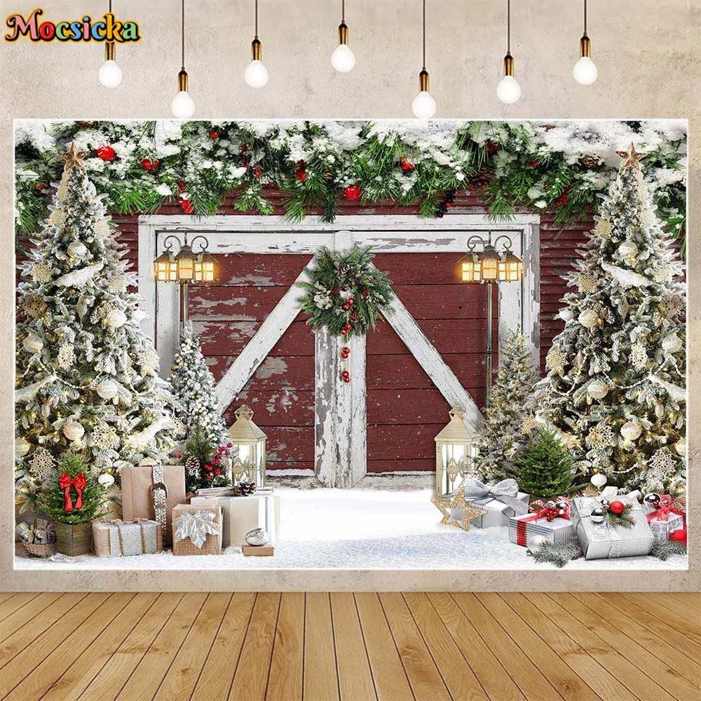 

Mocsicka Christmas Backdrop Wooden Door Snow Scene Xmas Tree Wreath Child Portrait Photography Background Photo Studio Photocall