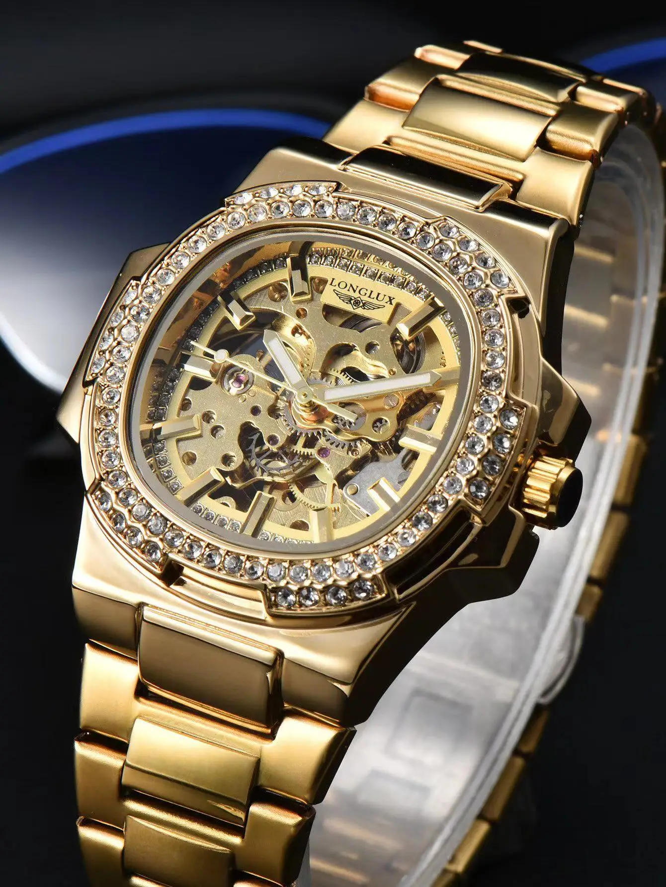 

Men Automatic Watch Luxury Mechanical Watches Stainless Steel Skeleton Waterproof Diamond Luminous Mens Watch Boyfriend's Gift