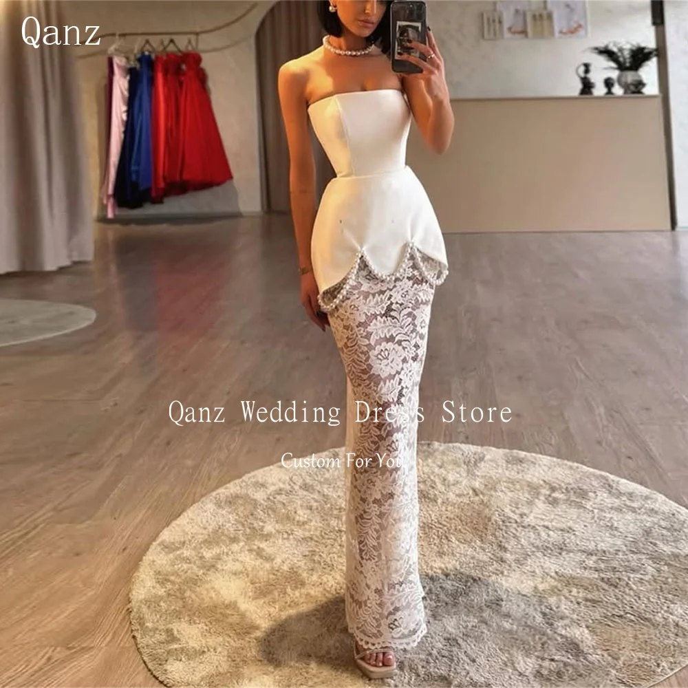 

Qanz Elegant Strapless Wedding Dresses for Brides Pearls Lace Illusion Mermaid Prom Dresses Women Vestidos De Fiesta Customized