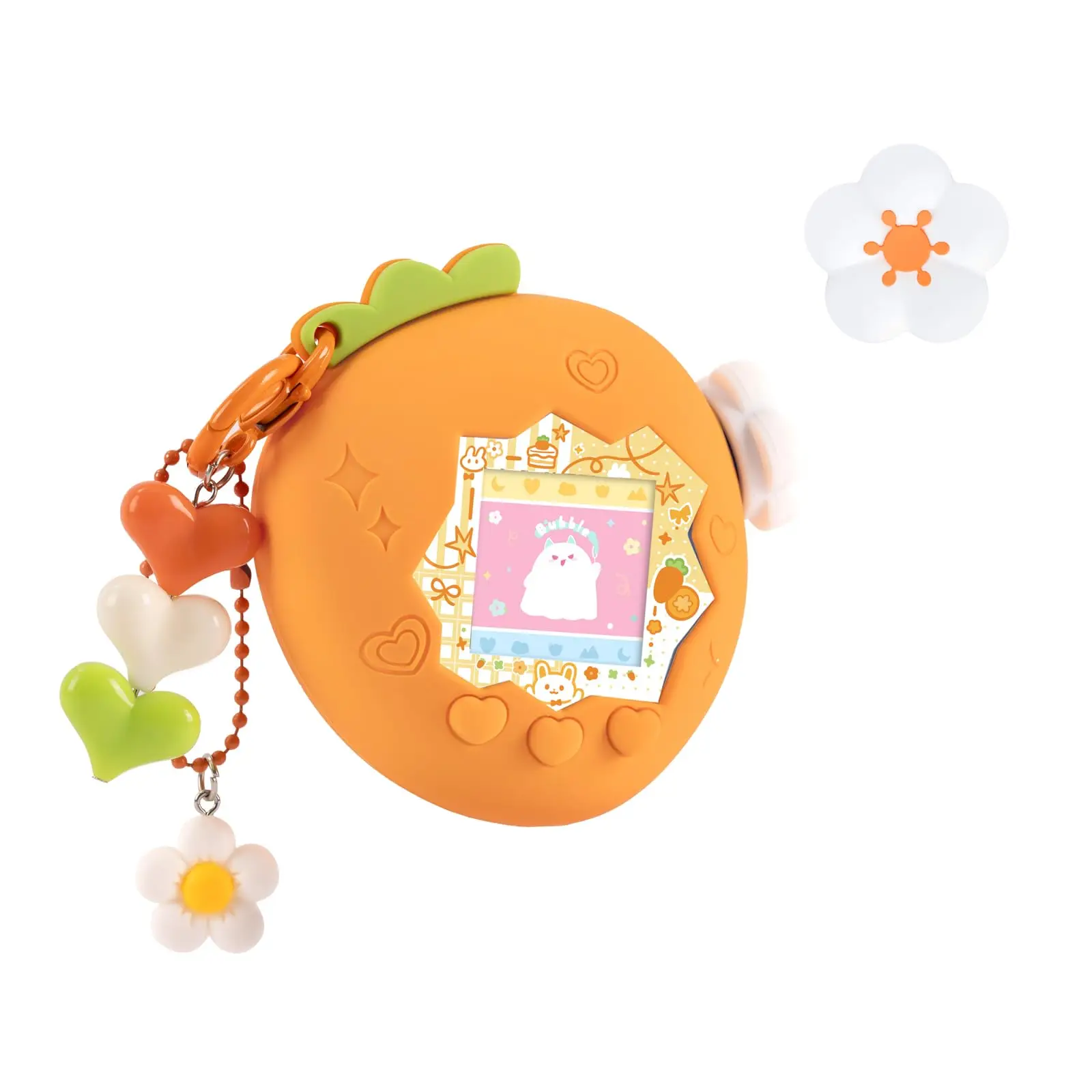 Aardbeibubbel-siliconenhoes voor de Tamagotchi Paradise – schattige beschermhoes met bloemmotief op de afdekking, sticker voor de voorkant en een bedeltje.