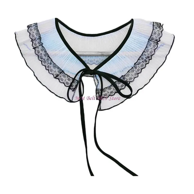 

49ME Women Sweet Wrinkle Pleated Mesh Shawl Fake Collar Contrast Floral Lace Splicing Scarf Necklace Lace-Up Bowknot