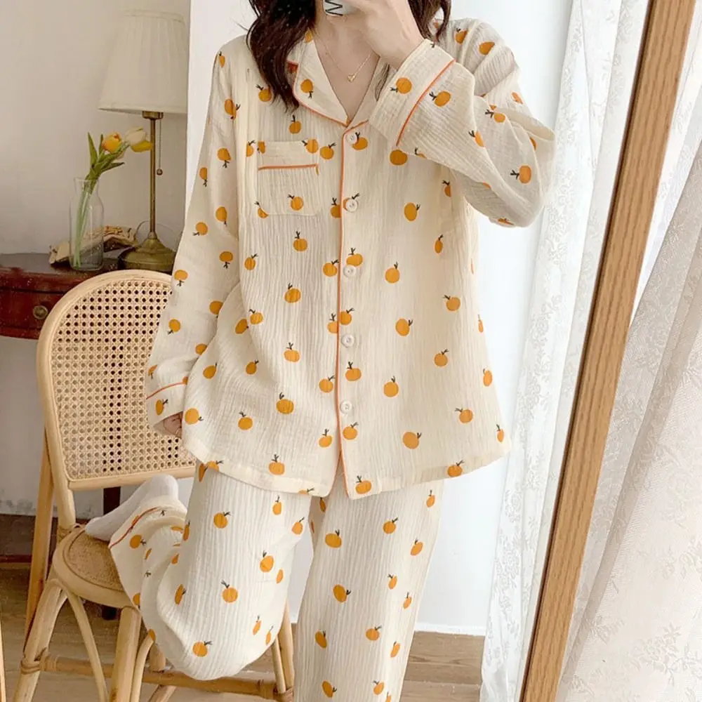 

Cute V-neck Fruits Pajamas Suit Sweet Homewear Orange Nightdress Set Loose Short-sleeves Two Piece Nightwear Summer Autumn