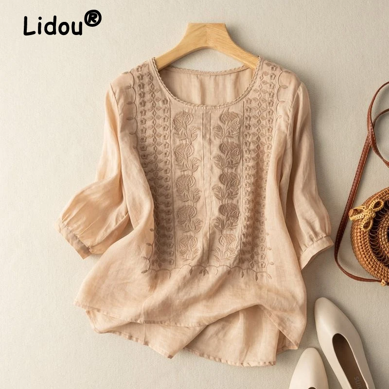 Women Clothing Summer Vintage Embroidery Cotton Linen Half Sleeve T-shirt Simple Casual O Neck Solid Loose Cotton Irregular Tops