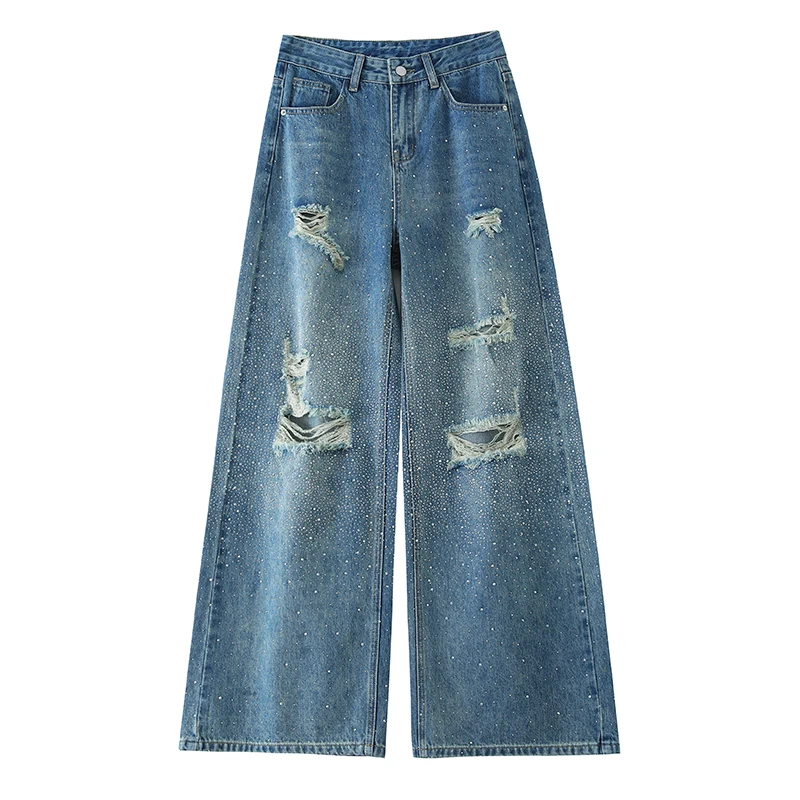 Ladies Y2K Retro Early Spring New Fashion Trend Full Sky Sparkle Denim Jeans Women's Wide Leg Hole Design Glitter Women's Jeans
