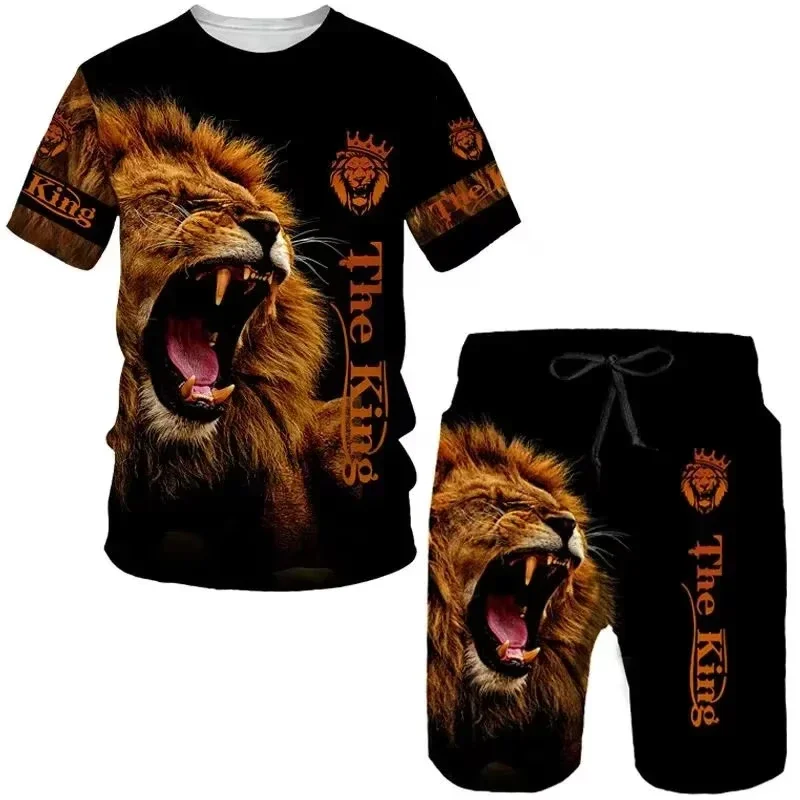 2025 Latest Men's Daily Leisure Sports Set Fashion Printed 3D Lion Pattern T-shirt Shorts Set Summer Leisure Breathable
