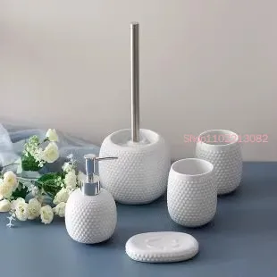 White Ceramic Bathroom Set Wash Toiletries Accessories 5-piece Lotion Bottle Mouth Cup Soap Dish Toilet Brush