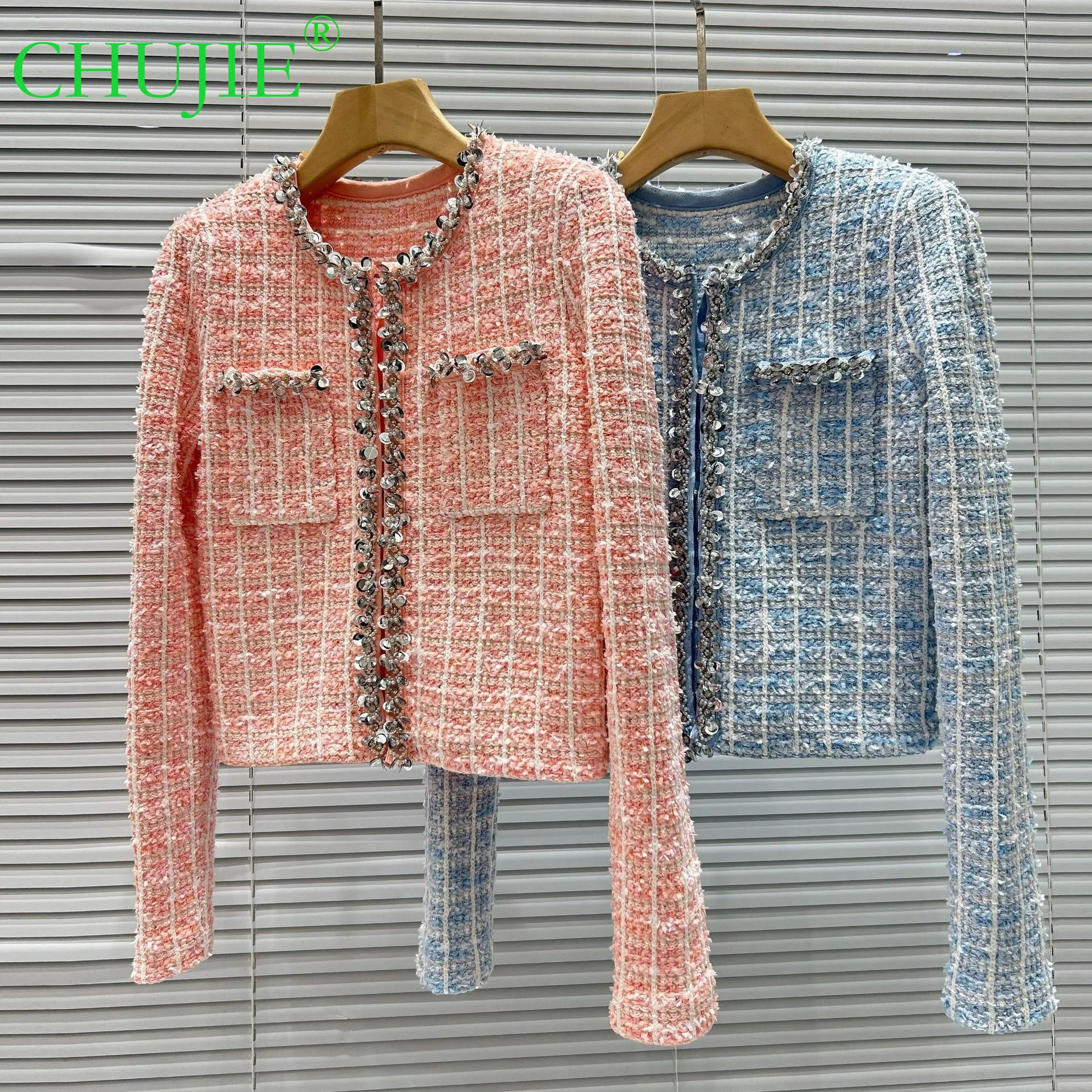 

CHUJIE 2025 Autumn Winter New French Style Heavy Beading Sequins Elegant Fashion Versatile Age-reducing Round Neck Cardigan