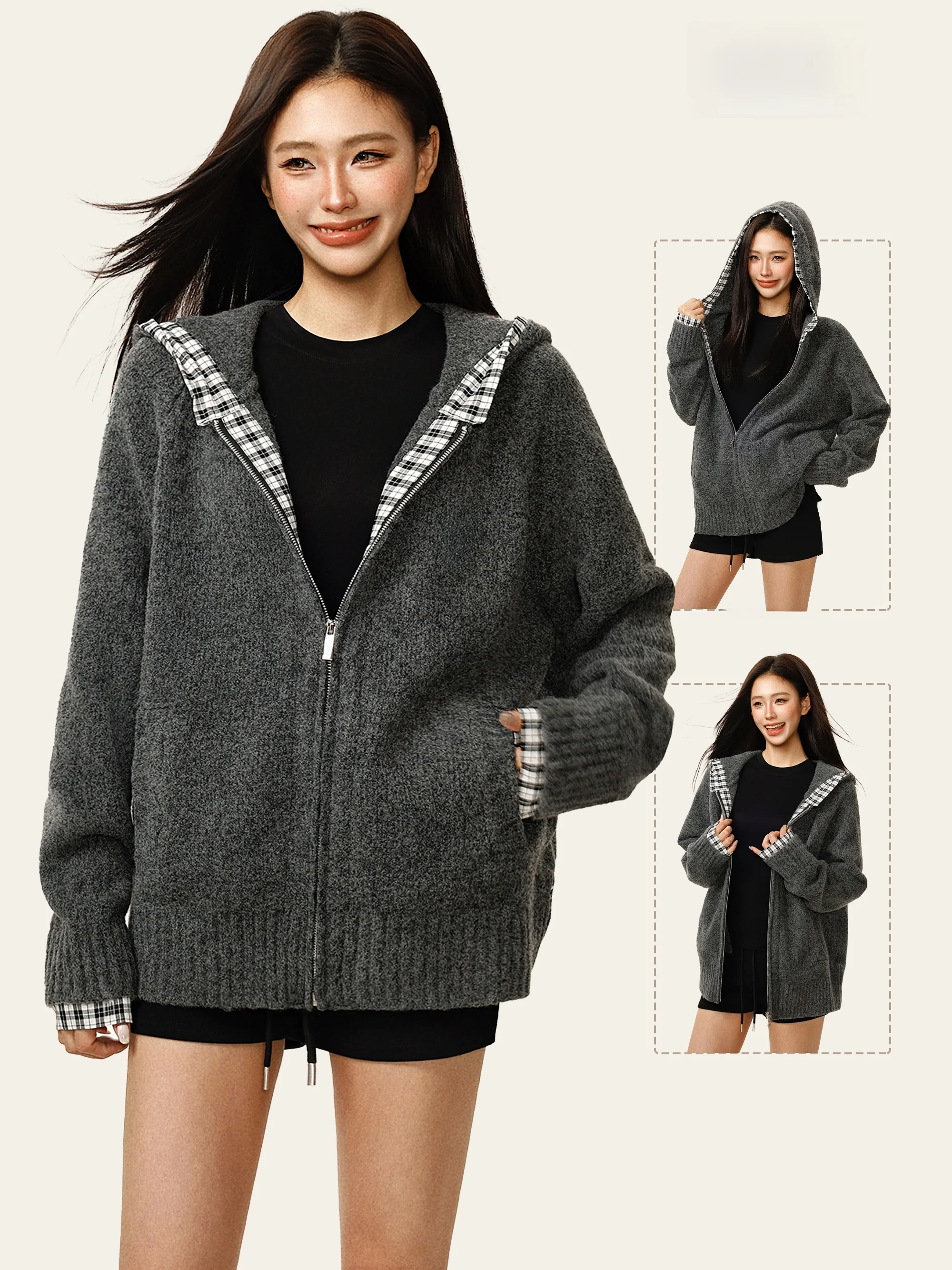 

LmziHei Vintage Plaid Spliced Hoodie Women's Knitted Sweater Coat ey Open Cardigan Autumn Winter Lazy Sle Long Sve