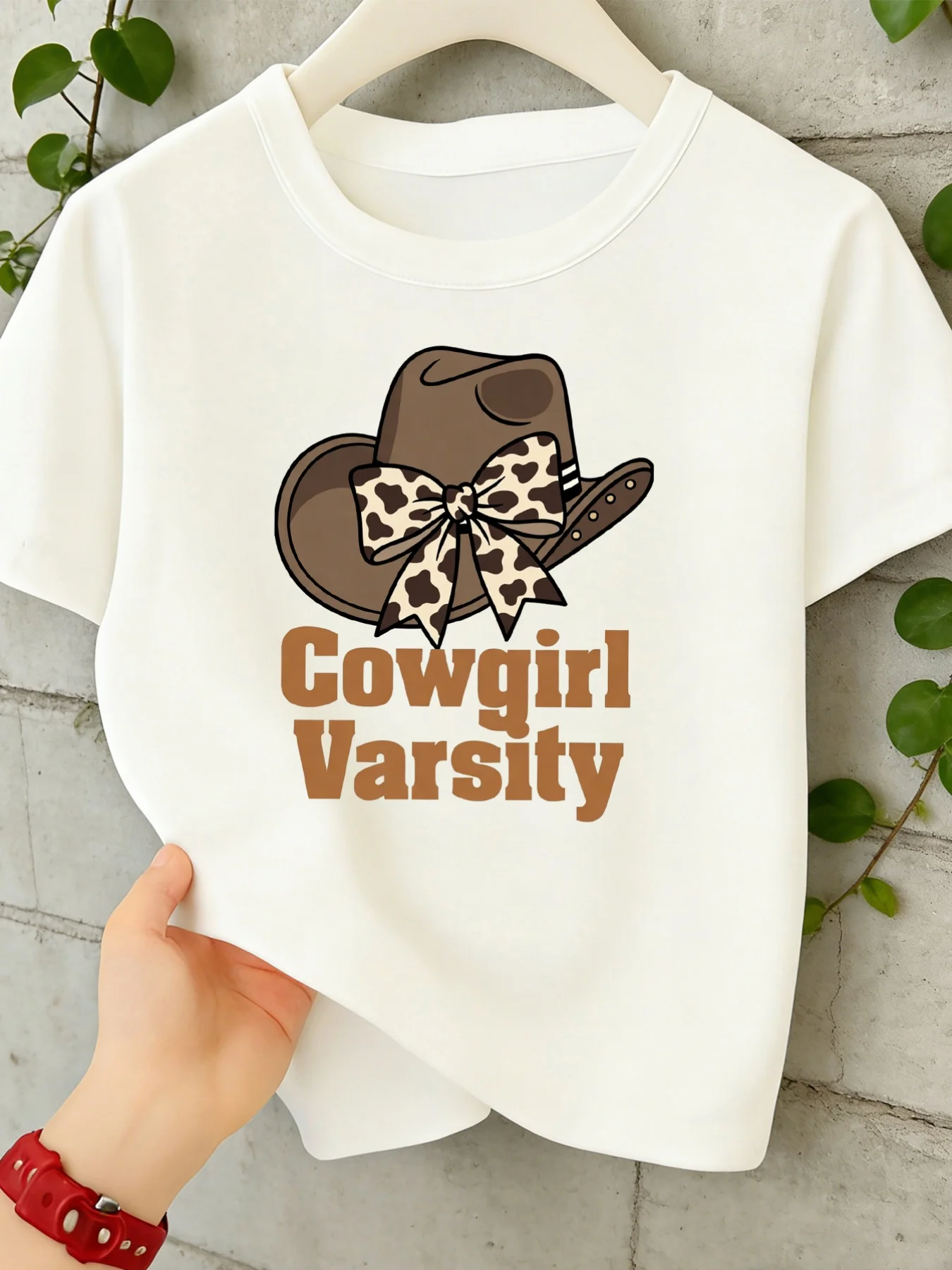 Cowgirl Varsity Cow Print Bow Hat Kids T Shirt Boys Girls Short Sleeve Crew Neck Cotton Parent Matching Tops Toddler Youth