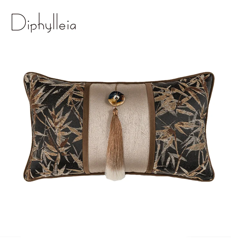 Diphylleia Luxury Chinese Bamboo Jade Tassel Lumbar Pillowcase Vintage Oriental Silk Satin Cushion Cover Elevate Your Home Decor