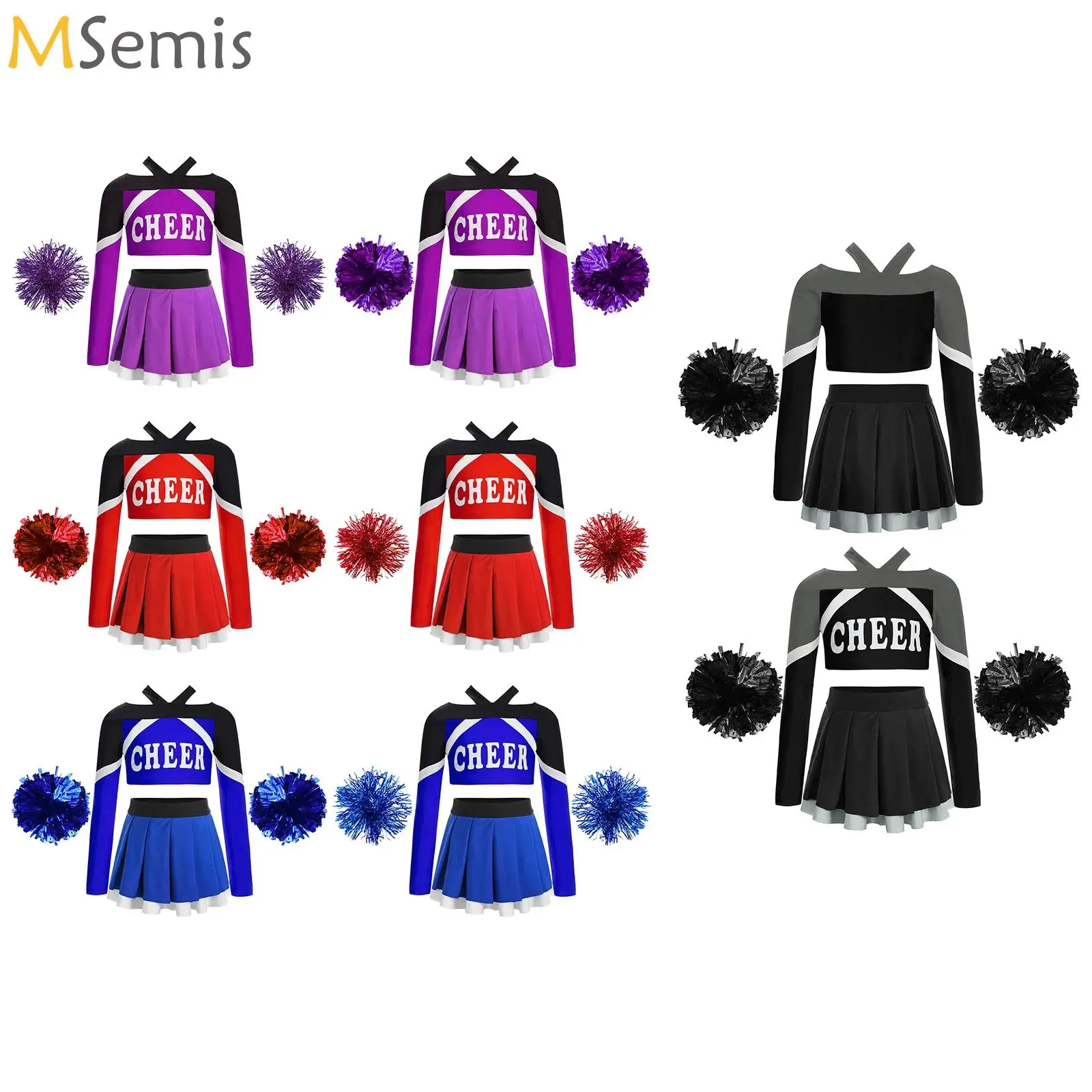 

Kids Girls Cheerleading Performance Outfit Long Sleeve Letter Print Color Block Crop Top with Pleated Skirt 2Pcs Flower Balls