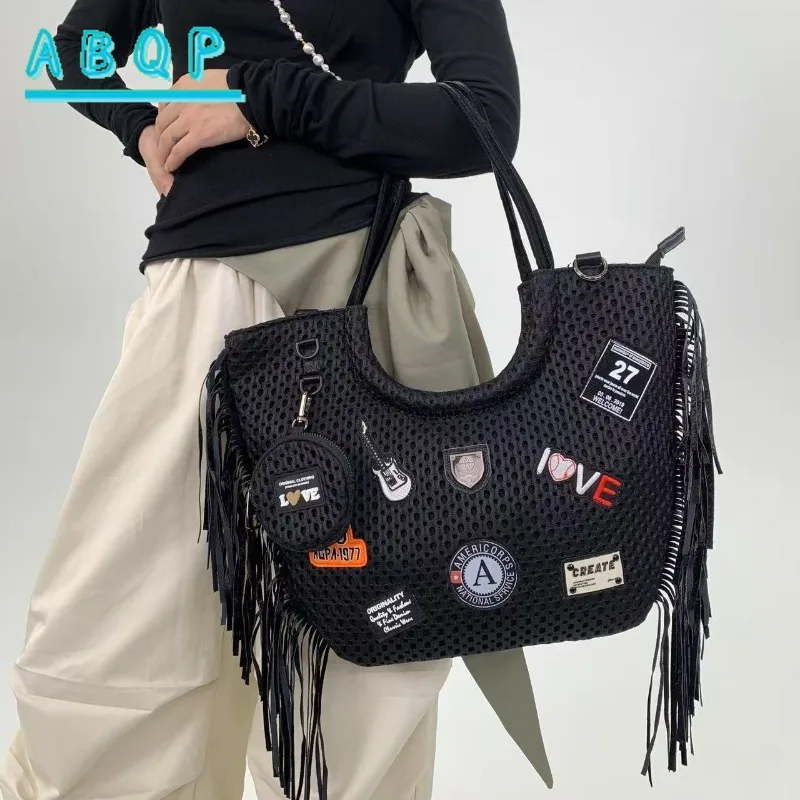 حقيبة كتف نسائية عصرية شبكة نايلون مهدب حقائب ساع شخصية حمل حقيبة سعة كبيرة حقيبة السفر في الهواء الطلق