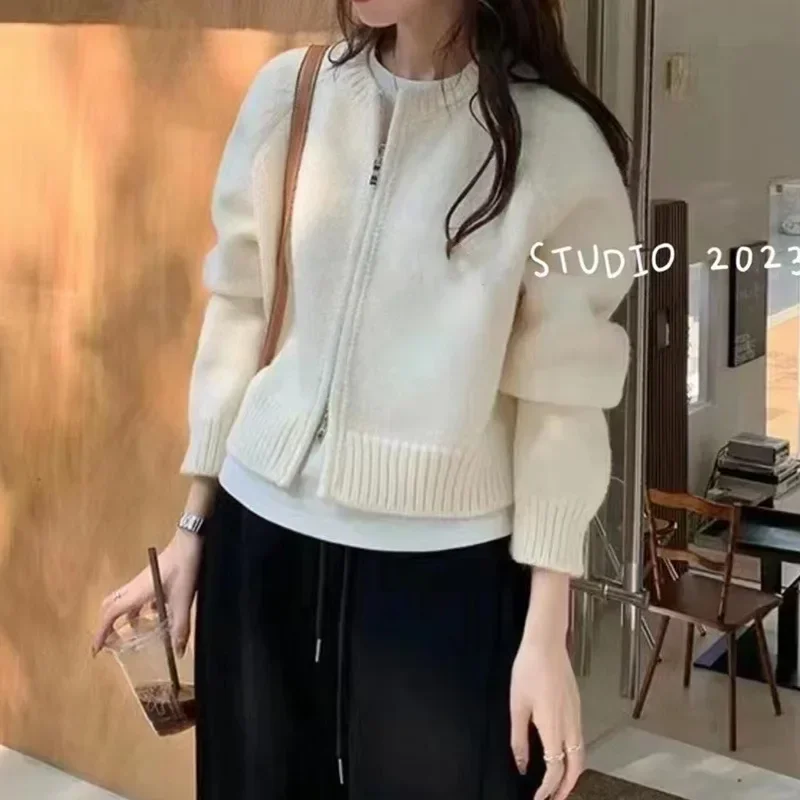 Women Korean Full Sleeve Solid Round Neck Loose Knitted Coats Zipper Regular Splice Sweaters Cardigan Autumn Winter 2023