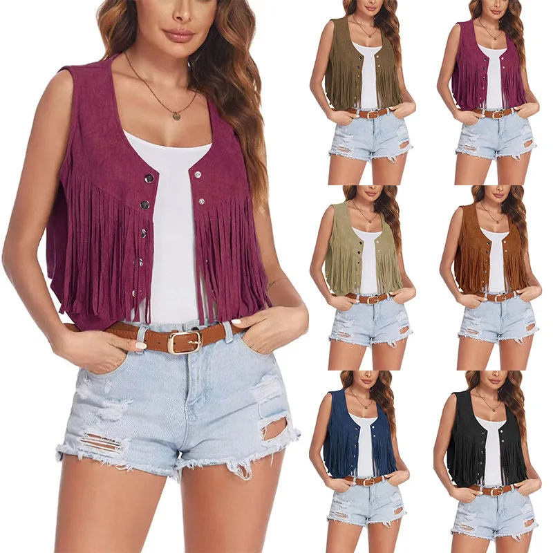 

2025 European American Fashion! Women's Short Tassel Vest, New Spring/Summer Style, Relaxed Fit with Vintage Button Details
