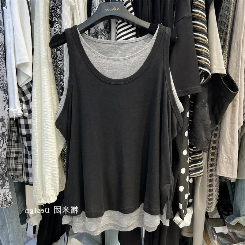 Plus Size Women's Summer Fake Two-Piece Tank Top Loose Casual Color Block Sleeveless T-Shirt Lazy Style Camisole Vest Daily Wear