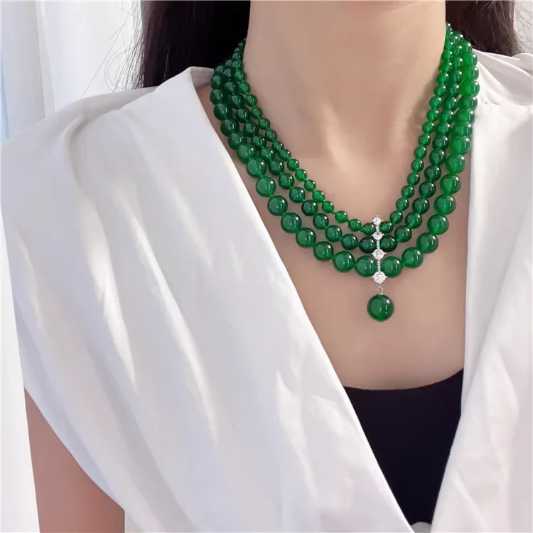 

New natural green agate necklace multi-layered clavicle necklace