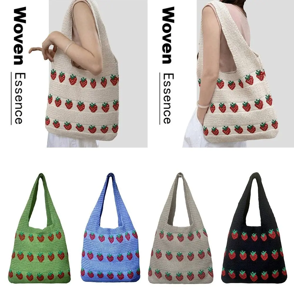 Handtasche mit gestricktem Design, Damenhandtasche, großes Fassungsvermögen, Tragetasche mit Erdbeer-Print, leichte, langlebige Umhängetasche für den Reisegebrauch