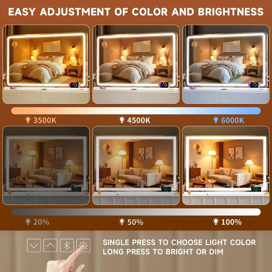 مرآة زينة مع أضواء، مرآة مكياج 37 × 25.6 LED مع مكبر صوت بلوتوث، مستشعر لمس، 3 ألوان فاتحة، قابلة للتعتيم، إطار معدني، مع #4