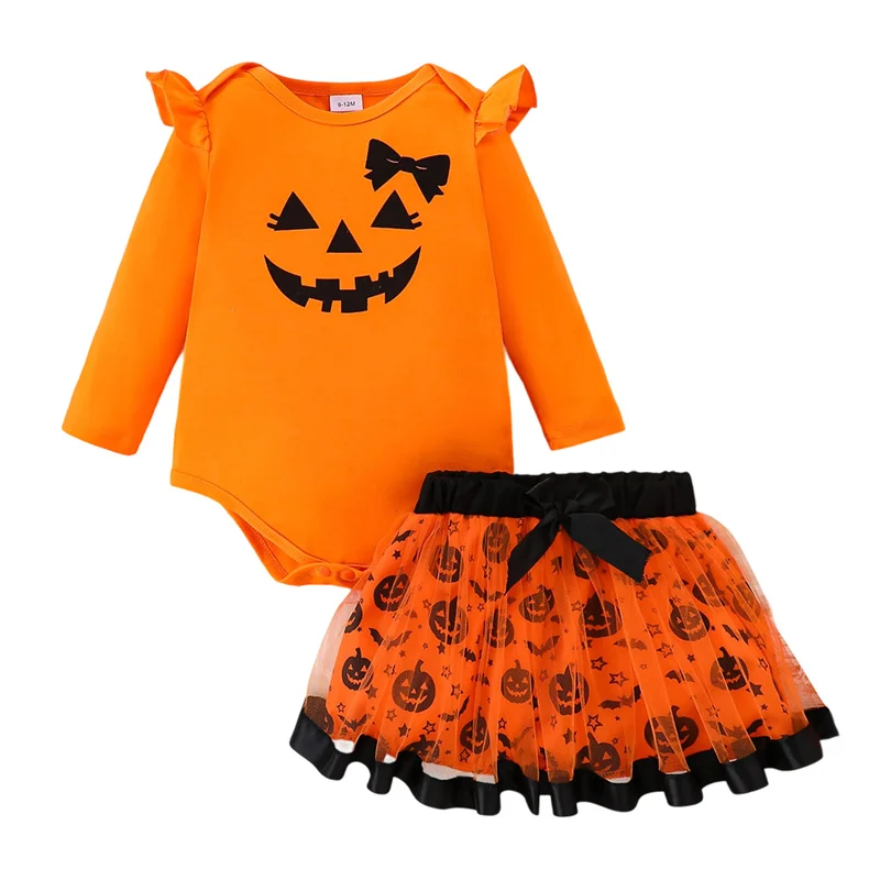 

Cathery Kids Baby Girls Halloween Outfits Ghost Face Print Long Sleeve Romper and Mesh Mini Skirt 2pcs Sets