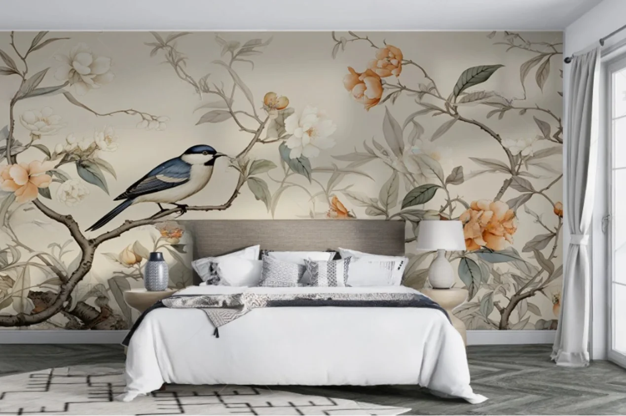 

Обои нестандартного размера, китайские ретро-ностальгические, ручная роспись, цветы и птицы, стены, украшение для гостиной, столовой, 3d обои